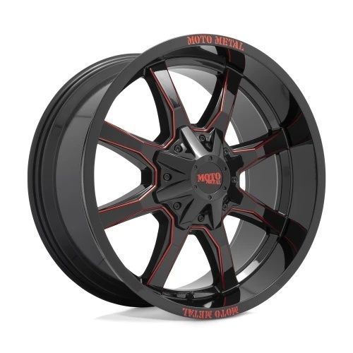 Moto Metal MO970 GLOSS BLACK MILLED W/ RED TINT & MOTO METAL ON LIP 8x180 20R 10 124.2 -18