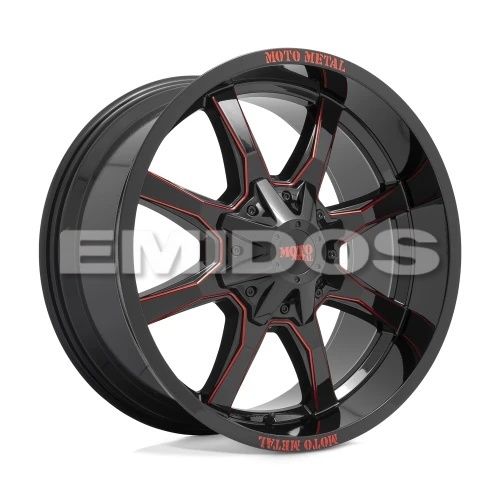 Moto Metal MO970 GLOSS BLACK MILLED W/ RED TINT & MOTO METAL ON LIP 8x180 20R 9 124.2 BNK