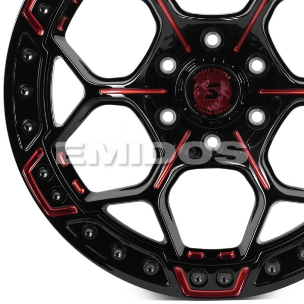 КОВАНЫЕ ДИСКИ H241203A SKILL SV310-SB420 20 J10 ET0 6X139.7 77.8 ЧЁРНЫЙ ГЛЯНЦЕВЫЙ + КРАСНЫЕ СПИЦЫ